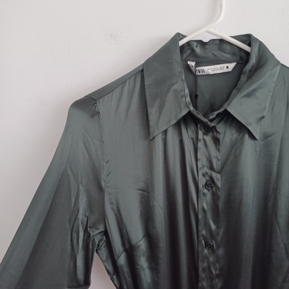 Zara Satin Effect Hunter Green Long Sleeve Belted Collared Midi Dress | sz M - Picture 10 of 15
